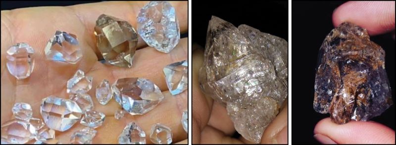 Pictures circulated on social media of what were claimed to be diamonds. (Left) The purported (polished) crystals. This, however, appeared to be downloaded stock image. (Right) Two unpolished chunks reportedly dug up in Wanching.